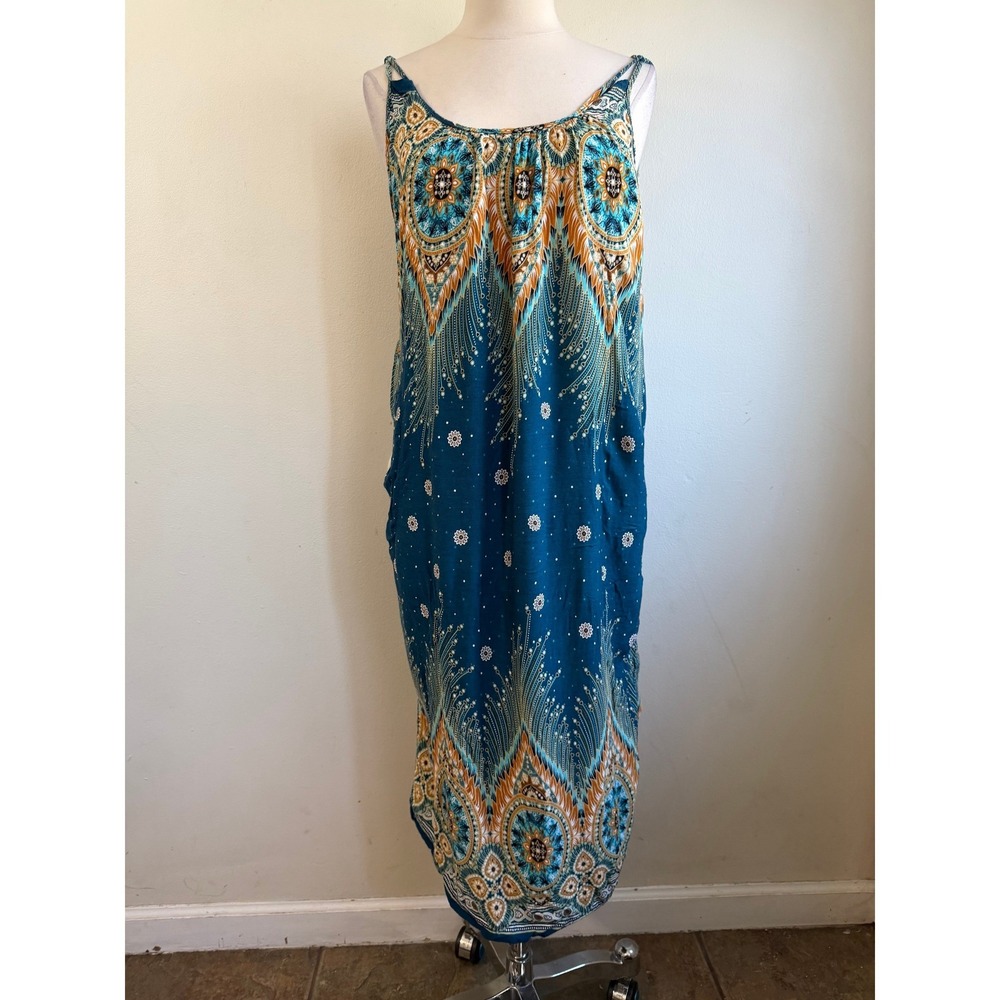 Boho Teal Medallion Print‎ Sleeveless Maxi Dress with Pockets Blue Gold XL